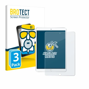 Face avant d’un emballage produit avec le logo de la marque BROTECT. À côté, l’appareil Apple iPad Air 2019 (3ème Gen.) est re