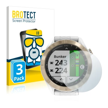 Face avant d’un emballage produit avec le logo de la marque BROTECT. À côté, l’appareil Garmin Approach S40 est représenté ave