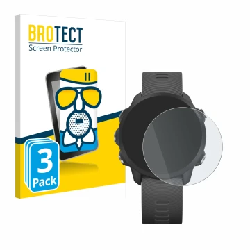 Face avant d’un emballage produit avec le logo de la marque BROTECT. À côté, l’appareil Garmin Forerunner 245 Music est représ