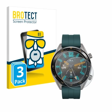 Face avant d’un emballage produit avec le logo de la marque BROTECT. À côté, l’appareil Huawei Watch GT Active est représenté 