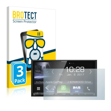 Face avant d’un emballage produit avec le logo de la marque BROTECT. À côté, l’appareil Kenwood DMX7017DABS est représenté ave