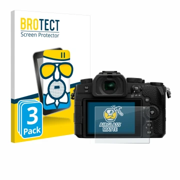 Face avant d’un emballage produit avec le logo de la marque BROTECT. À côté, l’appareil Panasonic Lumix DC-G91 est représenté 