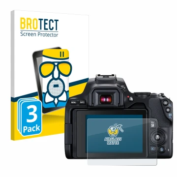 Face avant d’un emballage produit avec le logo de la marque BROTECT. À côté, l’appareil Canon EOS 250D est représenté avec la 