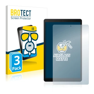 Face avant d’un emballage produit avec le logo de la marque BROTECT. À côté, l’appareil Samsung Galaxy Tab A 10.1 2019 est rep