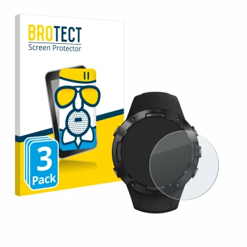 Face avant d’un emballage produit avec le logo de la marque BROTECT. À côté, l’appareil Suunto 5 est représenté avec la protec