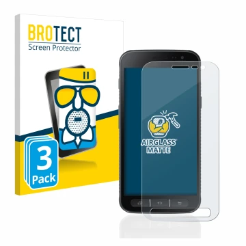 Face avant d’un emballage produit avec le logo de la marque BROTECT. À côté, l’appareil Samsung Galaxy XCover 4s est représent