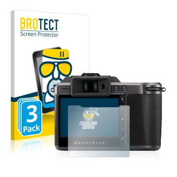 Face avant d’un emballage produit avec le logo de la marque BROTECT. À côté, l’appareil Hasselblad X1D II 50C est représenté a
