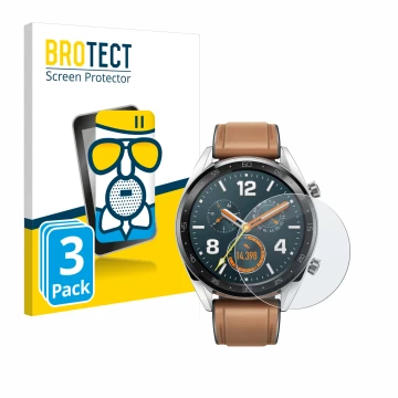Face avant d’un emballage produit avec le logo de la marque BROTECT. À côté, l’appareil Huawei Watch GT Classic est représenté