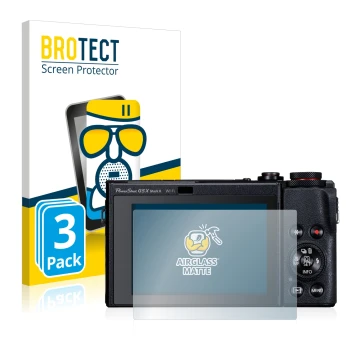 Face avant d’un emballage produit avec le logo de la marque BROTECT. À côté, l’appareil Canon PowerShot G5 X Mark II est repré