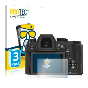 Face avant d’un emballage produit avec le logo de la marque BROTECT. À côté, l’appareil Leica V-LUX 5 est représenté avec la p