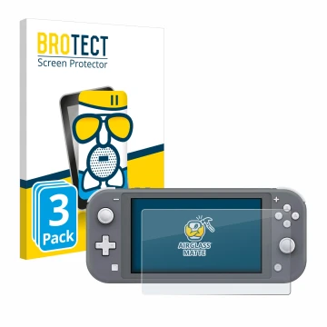 Face avant d’un emballage produit avec le logo de la marque BROTECT. À côté, l’appareil Nintendo Switch Lite est représenté av