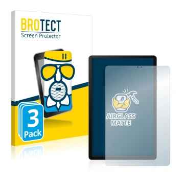 Face avant d’un emballage produit avec le logo de la marque BROTECT. À côté, l’appareil Samsung Galaxy Tab S6 WiFi 2019 est re