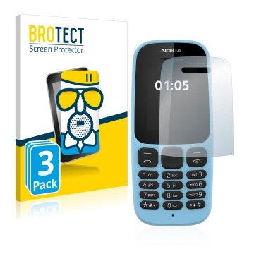Face avant d’un emballage produit avec le logo de la marque BROTECT. À côté, l’appareil Nokia 105 2019 est représenté avec la 