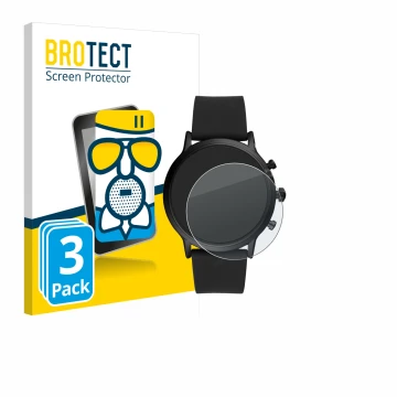 Face avant d’un emballage produit avec le logo de la marque BROTECT. À côté, l’appareil Fossil The Carlyle HR (5.Gen) est repr