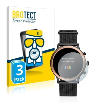 Face avant d’un emballage produit avec le logo de la marque BROTECT. À côté, l’appareil Fossil Julianna HR (5.Gen) est représe