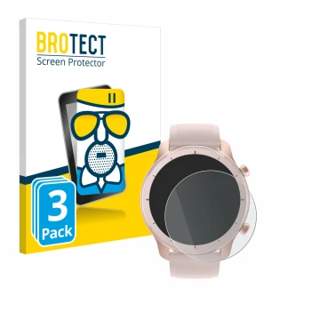 Face avant d’un emballage produit avec le logo de la marque BROTECT. À côté, l’appareil Huami Amazfit GTR (42 mm) est représen