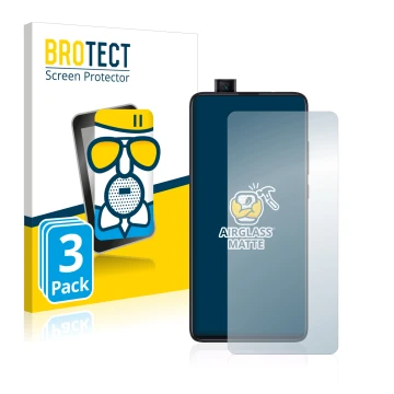 Face avant d’un emballage produit avec le logo de la marque BROTECT. À côté, l’appareil Xiaomi Mi 9T Pro est représenté avec l