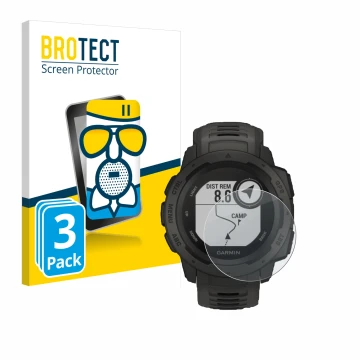 Face avant d’un emballage produit avec le logo de la marque BROTECT. À côté, l’appareil Garmin Instinct Tactical Edition est r