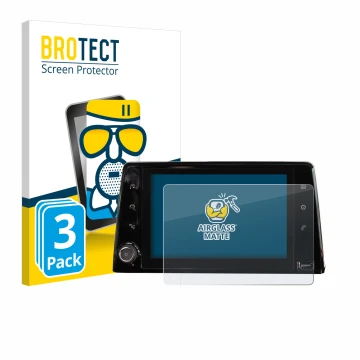 Face avant d’un emballage produit avec le logo de la marque BROTECT. À côté, l’appareil Peugeot Rifter 2019 Infotainment Syste