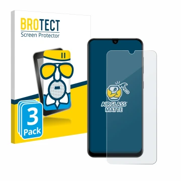 Face avant d’un emballage produit avec le logo de la marque BROTECT. À côté, l’appareil Samsung Galaxy A50s est représenté ave