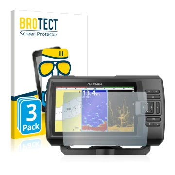 Face avant d’un emballage produit avec le logo de la marque BROTECT. À côté, l’appareil Garmin Striker Plus 9sv est représenté