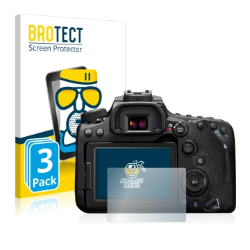 Face avant d’un emballage produit avec le logo de la marque BROTECT. À côté, l’appareil Canon EOS 90D est représenté avec la p