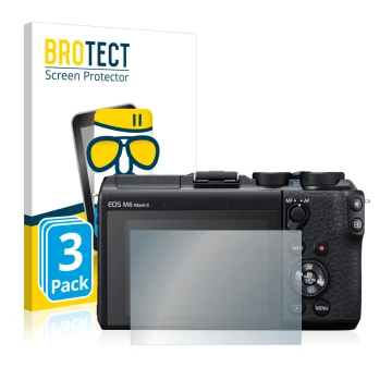 Face avant d’un emballage produit avec le logo de la marque BROTECT. À côté, l’appareil Canon EOS M6 Mark II est représenté av