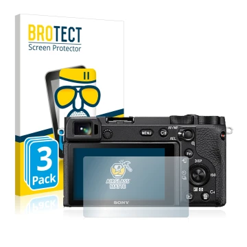 Face avant d’un emballage produit avec le logo de la marque BROTECT. À côté, l’appareil Sony Alpha 6600 est représenté avec la