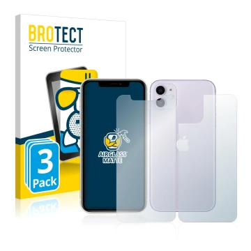 Face avant d’un emballage produit avec le logo de la marque BROTECT. À côté, l’appareil Apple iPhone 11 (Avant+Arrière) est re
