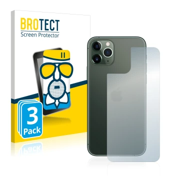 Face avant d’un emballage produit avec le logo de la marque BROTECT. À côté, l’appareil Apple iPhone 11 Pro (Arrière) est repr