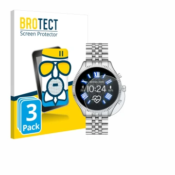 Face avant d’un emballage produit avec le logo de la marque BROTECT. À côté, l’appareil Michael Kors Access Lexington 2 est re