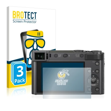 Face avant d’un emballage produit avec le logo de la marque BROTECT. À côté, l’appareil Panasonic Lumix DC-TZ200 est représent
