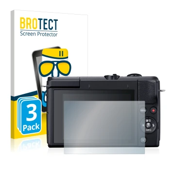 Face avant d’un emballage produit avec le logo de la marque BROTECT. À côté, l’appareil Canon EOS M200 est représenté avec la 