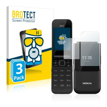 Face avant d’un emballage produit avec le logo de la marque BROTECT. À côté, l’appareil Nokia 2720 Flip est représenté avec la
