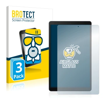 Face avant d’un emballage produit avec le logo de la marque BROTECT. À côté, l’appareil Samsung Galaxy Tab A 10.1 LTE 2019 est