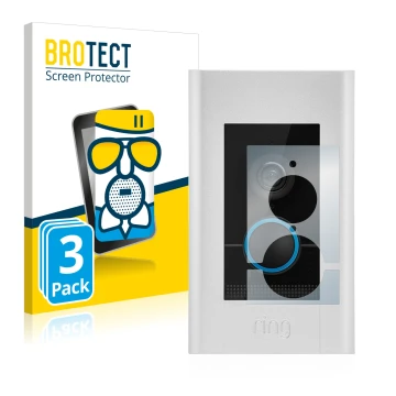 Face avant d’un emballage produit avec le logo de la marque BROTECT. À côté, l’appareil Ring Video Doorbell Elite est représen