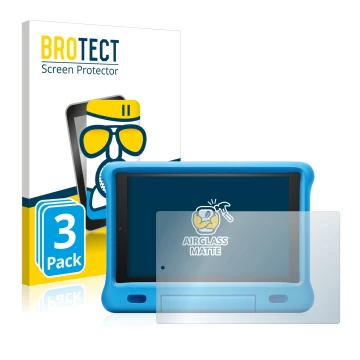 Face avant d’un emballage produit avec le logo de la marque BROTECT. À côté, l’appareil Amazon Fire HD 10 Kids 2019 (9ème Gen.