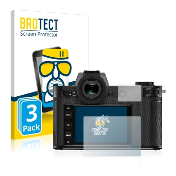 Face avant d’un emballage produit avec le logo de la marque BROTECT. À côté, l’appareil Leica SL2 est représenté avec la prote