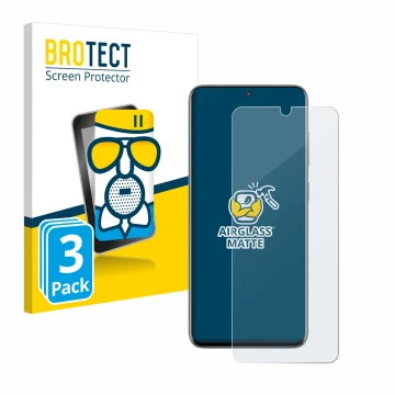 Face avant d’un emballage produit avec le logo de la marque BROTECT. À côté, l’appareil Samsung Galaxy S20 est représenté avec