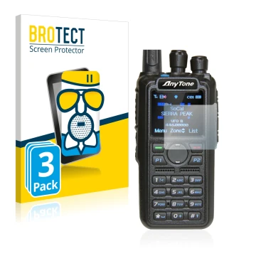 Face avant d’un emballage produit avec le logo de la marque BROTECT. À côté, l’appareil AnyTone AT-D878UV est représenté avec 