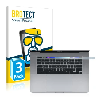 Face avant d’un emballage produit avec le logo de la marque BROTECT. À côté, l’appareil Apple MacBook Pro 16