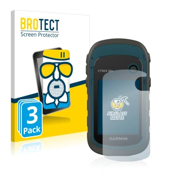 Face avant d’un emballage produit avec le logo de la marque BROTECT. À côté, l’appareil Garmin eTrex 22x est représenté avec l