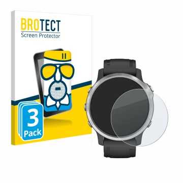 Face avant d’un emballage produit avec le logo de la marque BROTECT. À côté, l’appareil Garmin Fenix 6S est représenté avec la