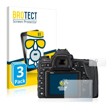 Face avant d’un emballage produit avec le logo de la marque BROTECT. À côté, l’appareil Nikon D780 est représenté avec la prot
