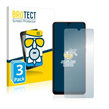 Face avant d’un emballage produit avec le logo de la marque BROTECT. À côté, l’appareil Samsung Galaxy A31 est représenté avec