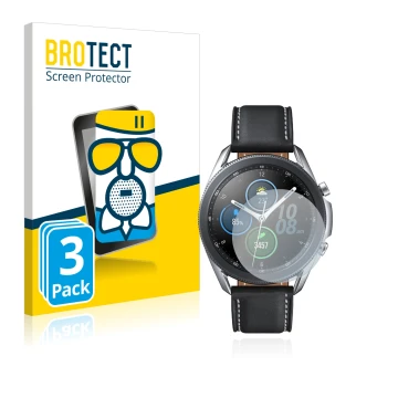 Face avant d’un emballage produit avec le logo de la marque BROTECT. À côté, l’appareil Samsung Galaxy Watch 3 (41mm) est repr