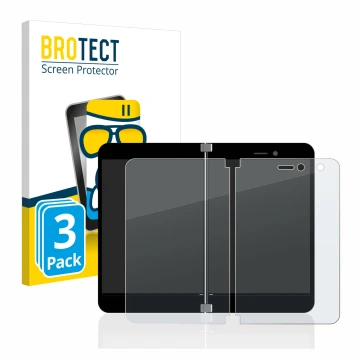 Face avant d’un emballage produit avec le logo de la marque BROTECT. À côté, l’appareil Microsoft Surface Duo est représenté a