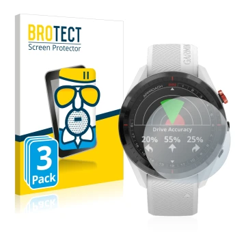 Face avant d’un emballage produit avec le logo de la marque BROTECT. À côté, l’appareil Garmin Approach S62 est représenté ave