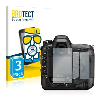 Face avant d’un emballage produit avec le logo de la marque BROTECT. À côté, l’appareil Nikon D6 est représenté avec la protec