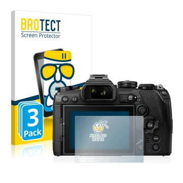 Face avant d’un emballage produit avec le logo de la marque BROTECT. À côté, l’appareil Olympus OM-D E-M1 Mark III est représe